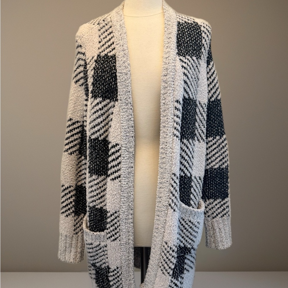 🖤 Metric Knits Black & Cream Chunky Checkered Long Cardigan - XL